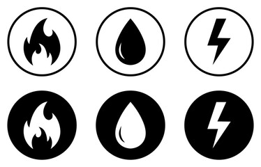 Gas, water and electricity icon collection. Public utility service symbol. Electricity, water and gas vector set. Thunderbolt of lightning, drop water, and fire sign. Silhouette and outline style.