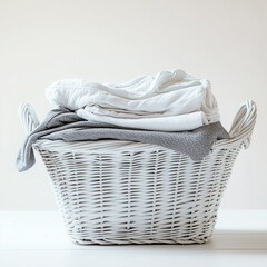 White wicker laundry basket with neatly folded clean linens.