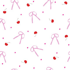 Seamless pattern with cherries, bows and hearts. Cute Valentines Day print. Vector hand drawn illustration.