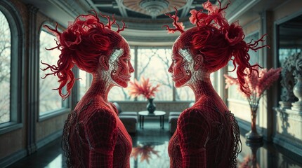 Obraz premium Two Figures with Ornate Red Designs Facing Each Other in Elegant Setting