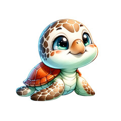 A happy baby turtle with a wide smile, swimming playfully in the ocean, radiating joy and charm in a bright cartoon style.