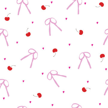 Seamless pattern with cherries, bows and hearts. Cute Valentines Day print. Vector hand drawn illustration.