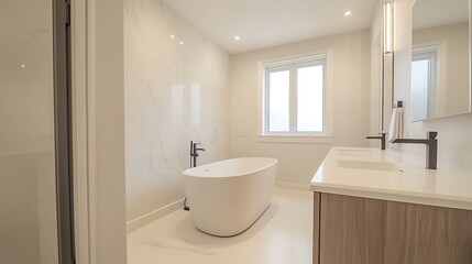 Modern Bathroom Featuring Freestanding Tub and Double Vanity