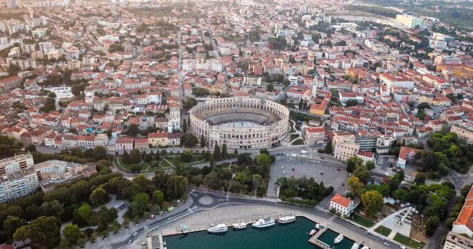 Pula amphitheater in the morning, Croatia. Hyperlapse