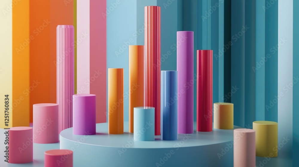 Poster a dynamic d bar chart displaying colorful data representations, with upward trends and various heigh