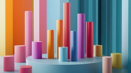 Obraz premium A dynamic D bar chart displaying colorful data representations, with upward trends and various heights, set against a sleek, modern background to highlight the growth and analysis of market data.