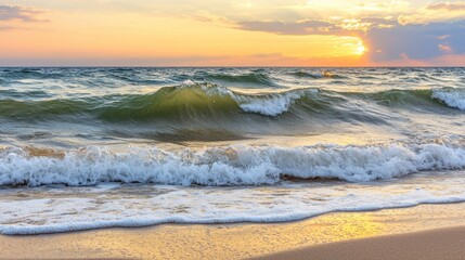 Fototapeta premium Waves crashing on beach at sunset coastal area nature photography tranquil environment wide angle view serenity and beauty