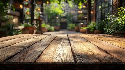 Rustic Wooden Table Surface for Product Placement with Natural Outdoor Background