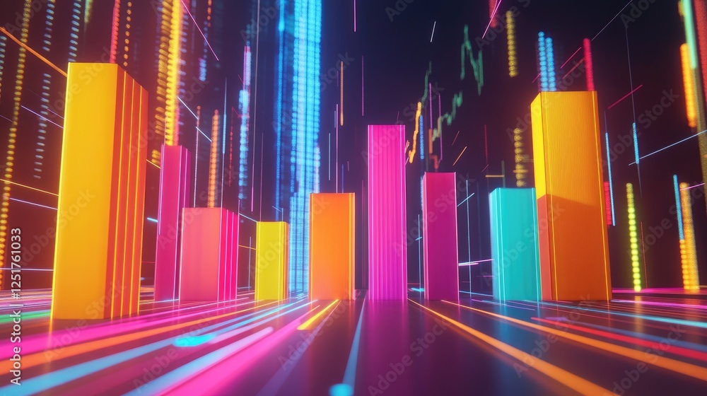 Poster a dynamic d bar graph with vibrant colors representing different financial metrics, rising from a sl