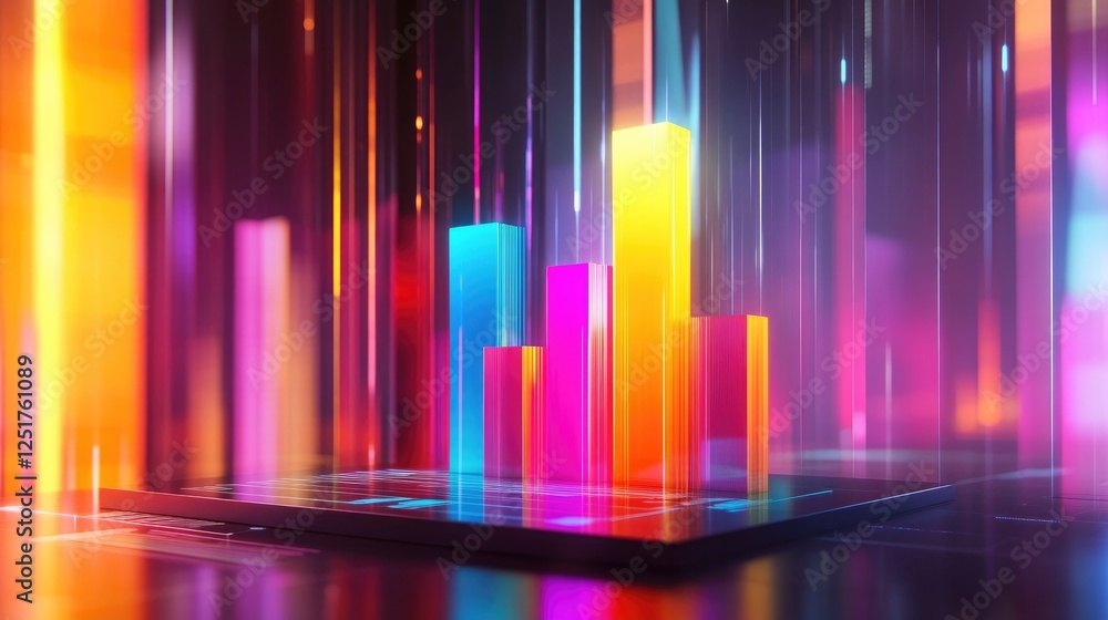 Poster a dynamic d bar graph with vibrant colors representing different financial metrics, rising from a sl