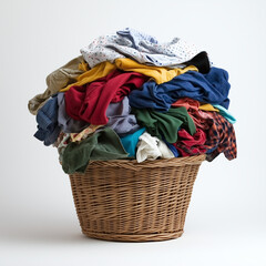 Overflowing wicker laundry basket filled with colorful clothes.