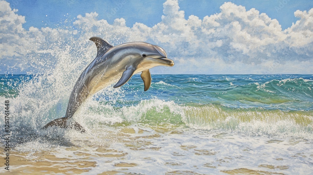 Poster a dolphin playfully splashing in the waves, creating a cascade of water droplets around it, set agai