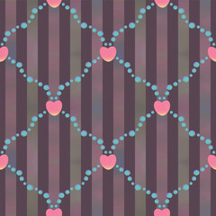 Dark vertical striped seamless pattern of pink hearts and pearl beads in diagonal layout
