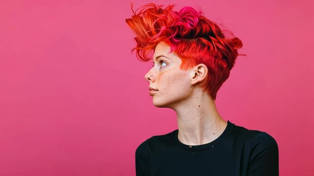 Fiery Red Hairstyle:  A bold and stylish woman with a fiery red pixie cut looks off to the side against a vibrant pink backdrop. The haircut is textured and styled into a unique mohawk.