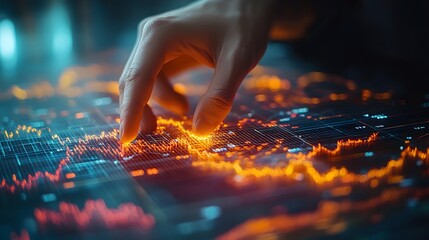 Hand Interacting with Glowing Financial Graph Data Visualization