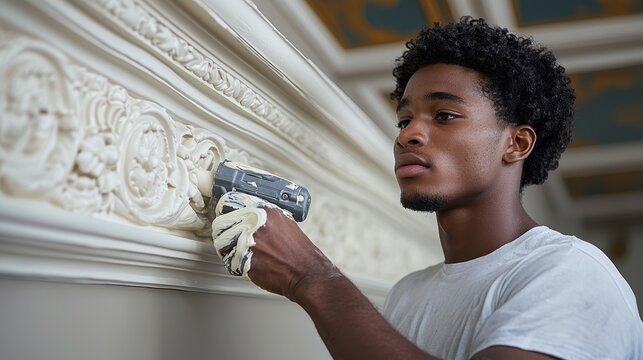 A young man painting decorative molding on a wall with a roller.