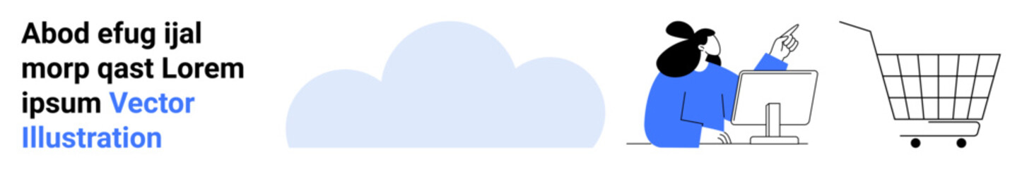 Woman pointing at computer screen while sitting beside a shopping cart against a cloud background. Ideal for e-commerce, online shopping, digital marketing, web navigation, retail websites, customer
