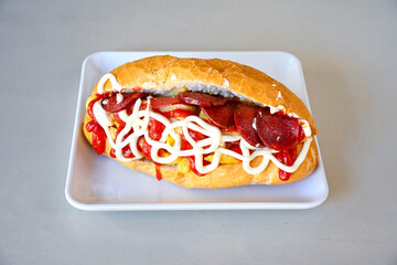 Close-up shot of Izmir's famous Turkish Traditional Kumru Sandwich, Ceşme Kumru, patso ingredients ready to eat salami, soudjouk, tomato, cheddar cheese and fried cheese. Yengen sandvic. Izmir karisik
