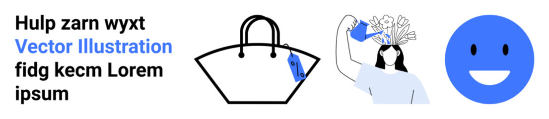 Fototapeta premium Woman watering plants symbolizing growth and eco-care, tote bag representing fashion or shopping, blue happy face for positivity. Ideal for sustainability, eco-friendly campaigns, lifestyle, retail