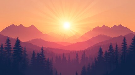 Obraz premium Sunrise over majestic mountains serene forest landscape digital illustration tranquil environment wide-angle view nature beauty