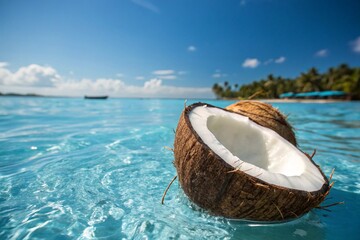 fresh coconut drifting on blue ocean water under bright sky and palm trees- summer theme