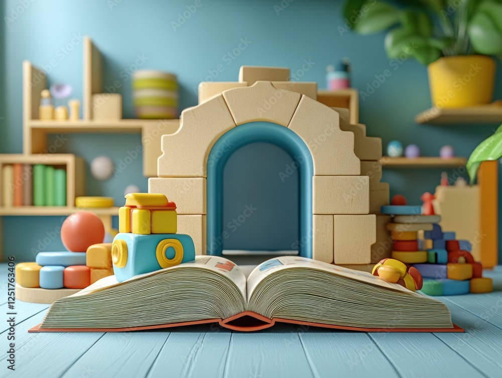 Poster a colorful playroom scene featuring building blocks and an open book.