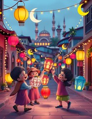 A cheerful 3D illustration of children playing with colorful Ramadan lanterns (fanous) in a street decorated with fairy lights and crescent moons.