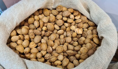The ripened in-shell nuts are filled into large bags for sale at the city market