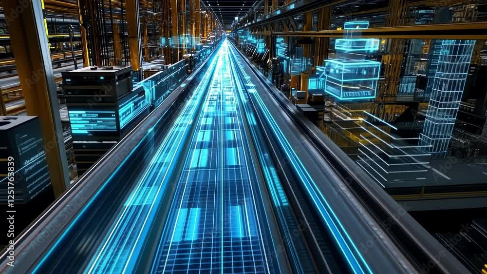 Poster digital information flows along a high tech conveyor system, showcasing the integration of automatio