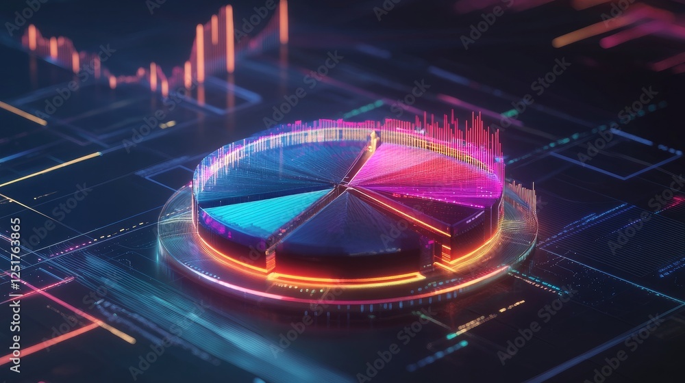Poster a futuristic d pie chart with segmented pieces, each representing a different percentage of data, fl