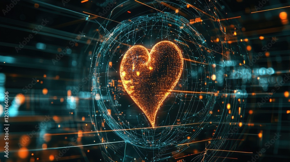 Poster a futuristic depiction of a heartbeat displayed on a transparent screen, with data analytics surroun