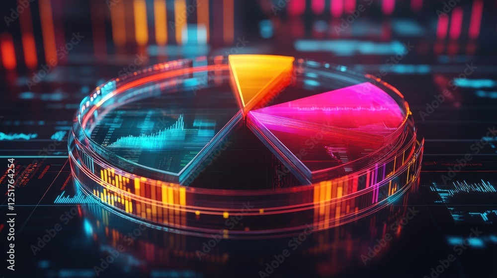 Poster a glowing d pie chart with transparent sections, hovering in a digital space, with each segment repr