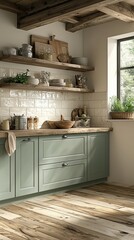 Rustic kitchen with wooden beams and light green cabinets.  Use Stock photo