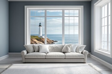 Fototapeta premium Relaxing Living Room with Comfortable Sofa and Ocean View by the Seafront Lighthouse View From the Window Interior Design Inspiration Featuring Cozy