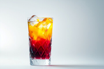 Gradient cocktail with ice cubes in crystal glass.