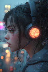 Young woman listening to music while standing in the rain at night. Generative AI