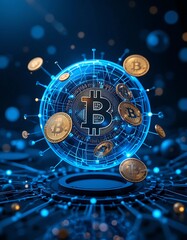 3D render of abstract digital finance elements: glowing blockchain nodes, floating Bitcoin coins, and a holographic globe with network connections.