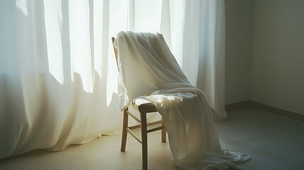 Wooden chair draped with white fabric near sheer curtains