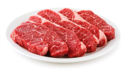 A high-definition image of a steak cut into slices, revealing its juicy interior, arranged neatly on a white plate with a clean, white background.