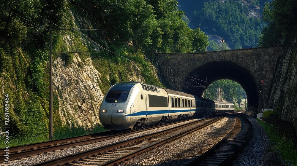 Poster a high-definition image of a train passing through a tunnel, with the motion and lighting effects cr