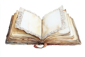 open vintage book with lace edged pages, showcasing its aged beauty and intricate details