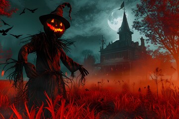 A sinister scarecrow with a jack-o-lantern head standing in a fiery red field, eerie and cinematic horror scene.