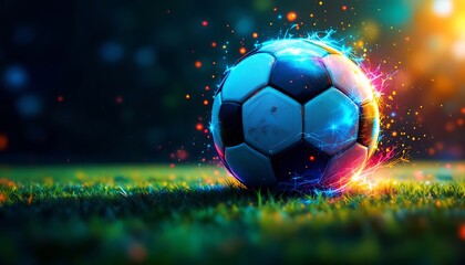 Fototapeta premium Soccer Ball with Electrifying Effect on Field Representing Power and Energy