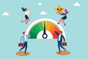 Business team illustration highlighting employee motivation, productivity, and engagement using a satisfaction meter, stars, and smiley symbols.