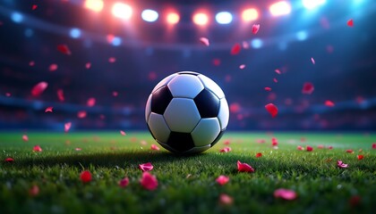 Fototapeta premium Soccer Ball on Stadium Field with Rose Petals Falling Celebration
