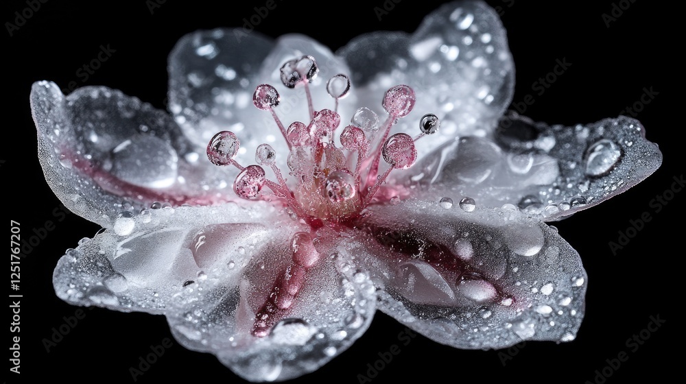 Poster a macro image of a single flower with crystal-clear water droplets resting on its vibrant petals, ca