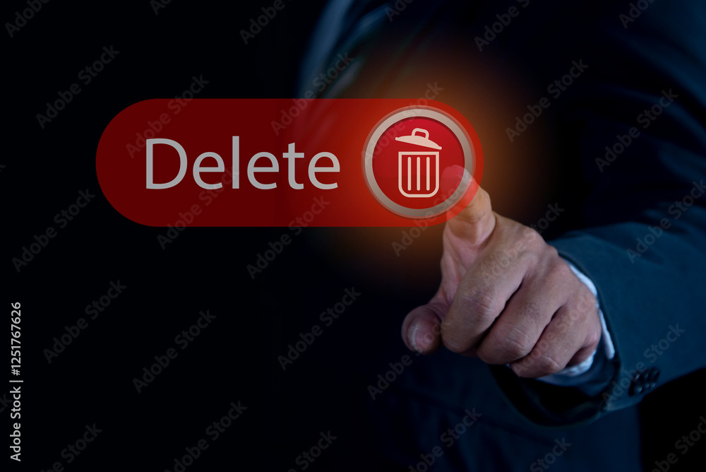 Poster man pushing the delete button on virtual screen. the concept of deletion or erase contacts, files, i
