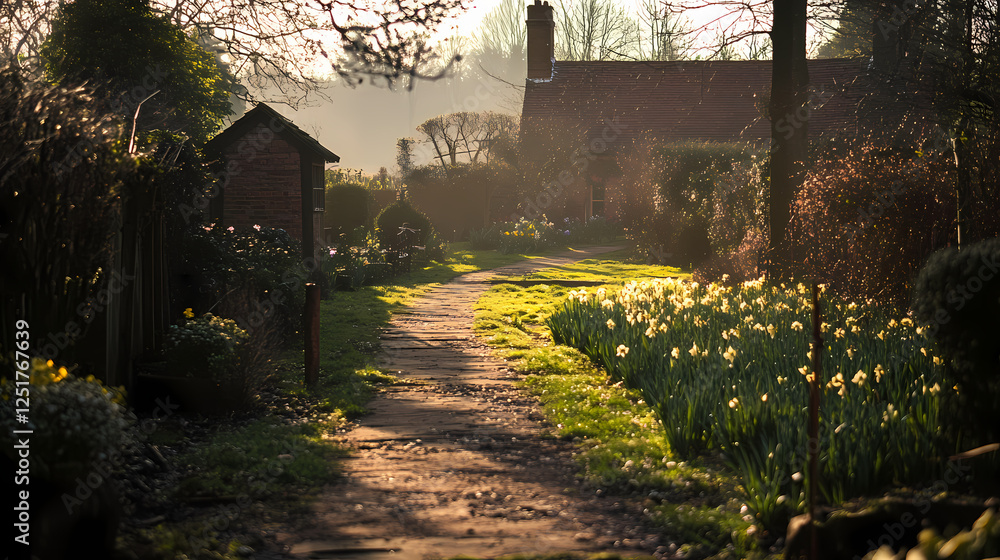 Poster sunlit country path lined with daffodils near a quaint cottage in spring. generative ai