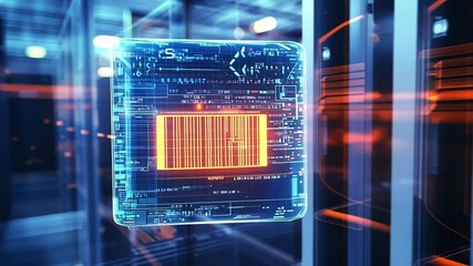 Glowing digital cube with intricate circuits, representing advanced data processing in a high tech server environment. Bright neon lights highlight the complexity of modern technology - Powered by Adobe