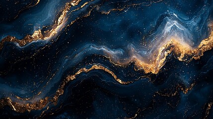 Abstract marbled design, navy blue and gold. Background texture, possible use for wallpaper, fabric design, or print